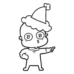 line drawing of a weird bald spaceman wearing santa hat