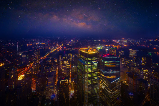 Starry Night Aerial View Of New York City,New York. Manhattan Skyline At Night.