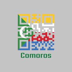 QR code set the color of Comoros flag. Four horizontal stripes of yellow white red and blue with a green chevron with a white crescent and four stars.