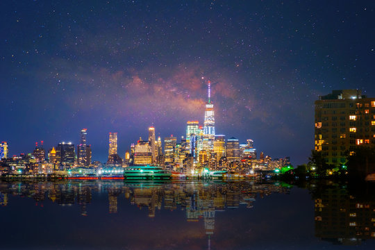 Starry Night Aerial View Of New York City,New York. Manhattan Skyline At Night.