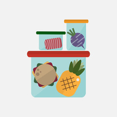 Plastic containers for food, meat, fruits, vegetable, tuna, radish, hamburger and pineapple keep in refrigerator with flat style vector icon illustration on isolated white background.