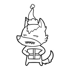 line drawing of a wolf with a gift wearing santa hat