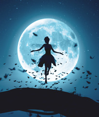 3d rendering of a fairy flying in a magical night surrounded by flock butterflies in moonlight - obrazy, fototapety, plakaty
