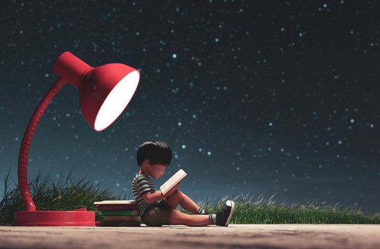 The boy reading a book in starry night conceptual background,3d rendering