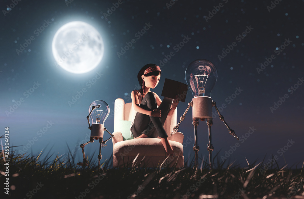 Wall mural Light bulb robot giving a light to the girl who reading a book in starry night conceptual background,3d rendering