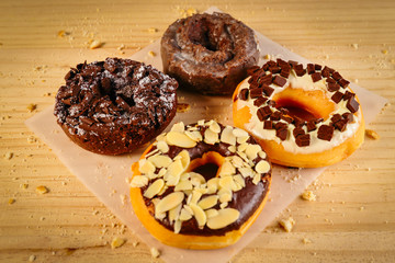Donuts on wooden background