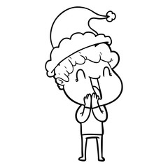 line drawing of a happy man wearing santa hat