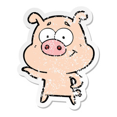 distressed sticker of a cartoon pig pointing