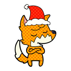friendly comic book style illustration of a fox wearing santa hat