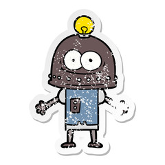 distressed sticker of a happy carton robot with light bulb