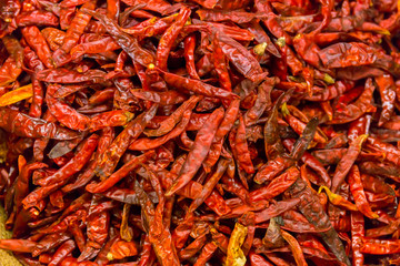 Dried red chille peppers background