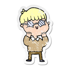 distressed sticker of a cartoon boy wearing spectacles