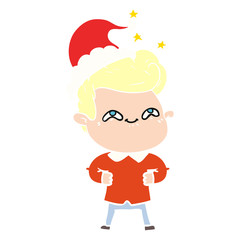 flat color illustration of a excited man wearing santa hat