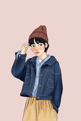 young girl with a silk hat and a denim jacket