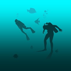 Fototapeta na wymiar Silhouette of divers. Underwater world background. Underwater landscape. Marine life and fauna.