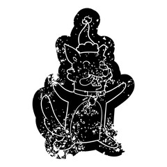 cartoon distressed icon of a happy dog wearing santa hat