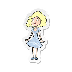 retro distressed sticker of a cartoon happy woman in dress
