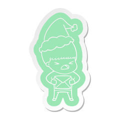 cartoon  sticker of a stressed man wearing santa hat