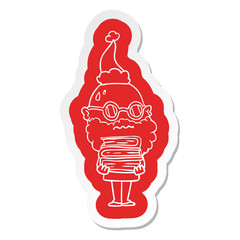 cartoon  sticker of a worried man with beard and stack of books wearing santa hat