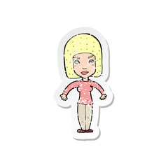 retro distressed sticker of a cartoon woman shrugging shoulders