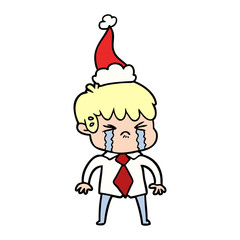 line drawing of a boy crying wearing santa hat