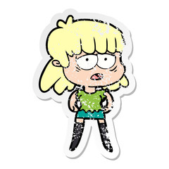 distressed sticker of a cartoon tired woman