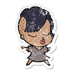 distressed sticker of a cartoon pretty hipster girl