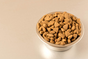 Bowl with dog food on a light background . Close up.