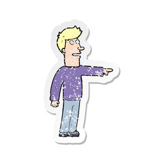 retro distressed sticker of a cartoon man pointing