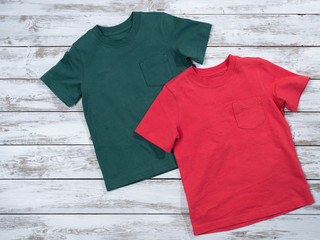 Clothes for men, kids, boys (cotton tees). Spring summer collection, classic look, fashion concept. Flat lay, view from above