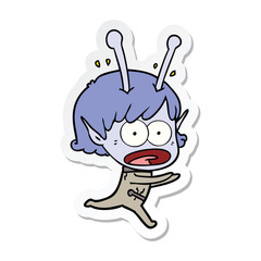 sticker of a cartoon shocked alien girl