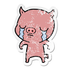 distressed sticker of a cartoon pig crying