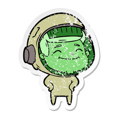 distressed sticker of a happy cartoon astronaut