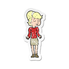 retro distressed sticker of a cartoon woman shrugging shoulders