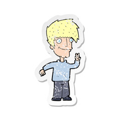 retro distressed sticker of a cartoon man giving peace sign