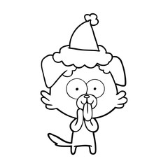 line drawing of a dog with tongue sticking out wearing santa hat