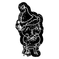 cartoon distressed icon of a laughing boy wearing santa hat