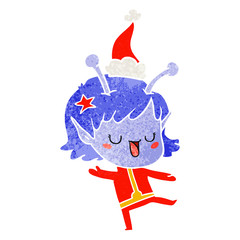 happy alien girl retro cartoon of a wearing santa hat