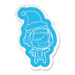 cartoon  sticker of a talking astronaut woman wearing santa hat