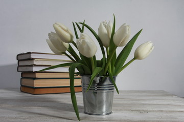 Bunch of white tulips in tin bucket and stack of books on white wooden table. Spring concept. Springtime, reading, education, good morning