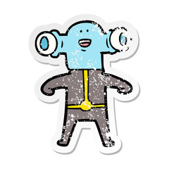 distressed sticker of a friendly cartoon alien