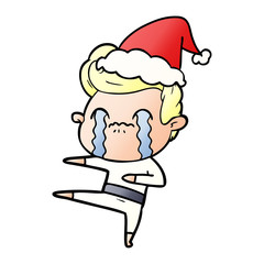 gradient cartoon of a man crying wearing santa hat