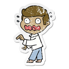 distressed sticker of a cartoon stressed out pointing