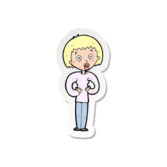 sticker of a cartoon woman gesturing at self