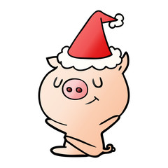 happy gradient cartoon of a pig wearing santa hat