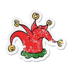 distressed sticker of a cartoon jester hat