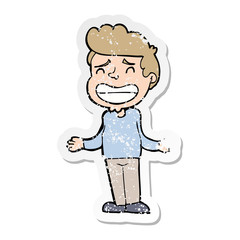 distressed sticker of a cartoon boy shrugging