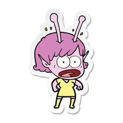 sticker of a cartoon shocked alien girl