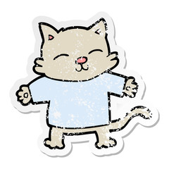 distressed sticker of a happy cartoon cat