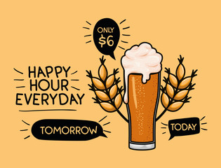 happy hour beers label with glass and leafs - obrazy, fototapety, plakaty